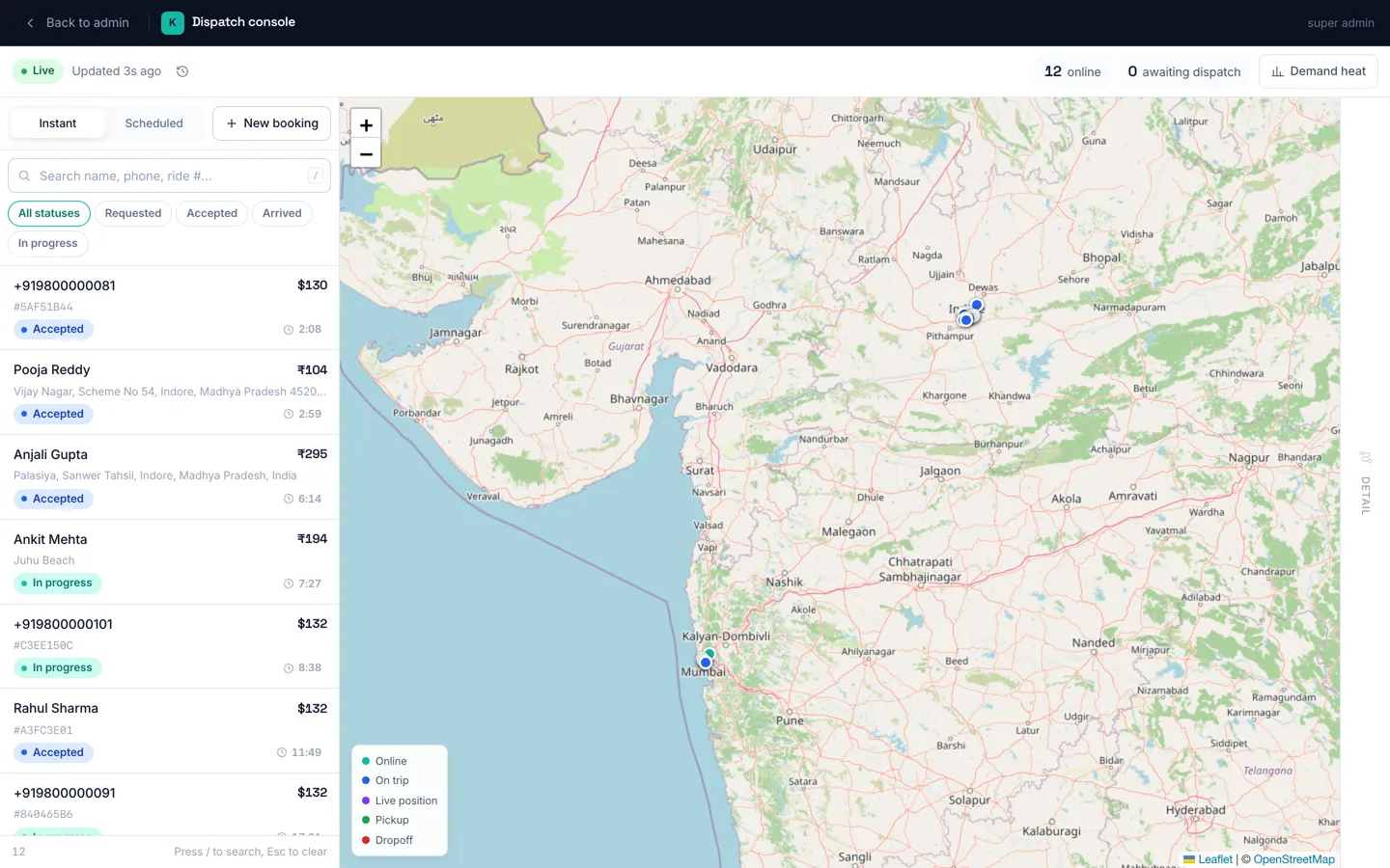 Operator console — live dispatch queue and map