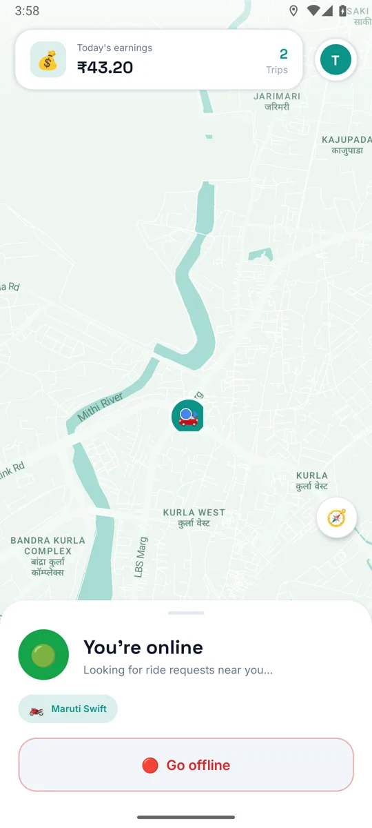 Driver app: Online — looking for requests