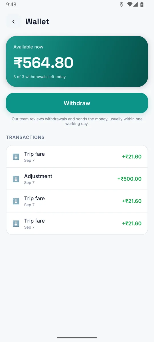 Driver app: Wallet and withdrawals