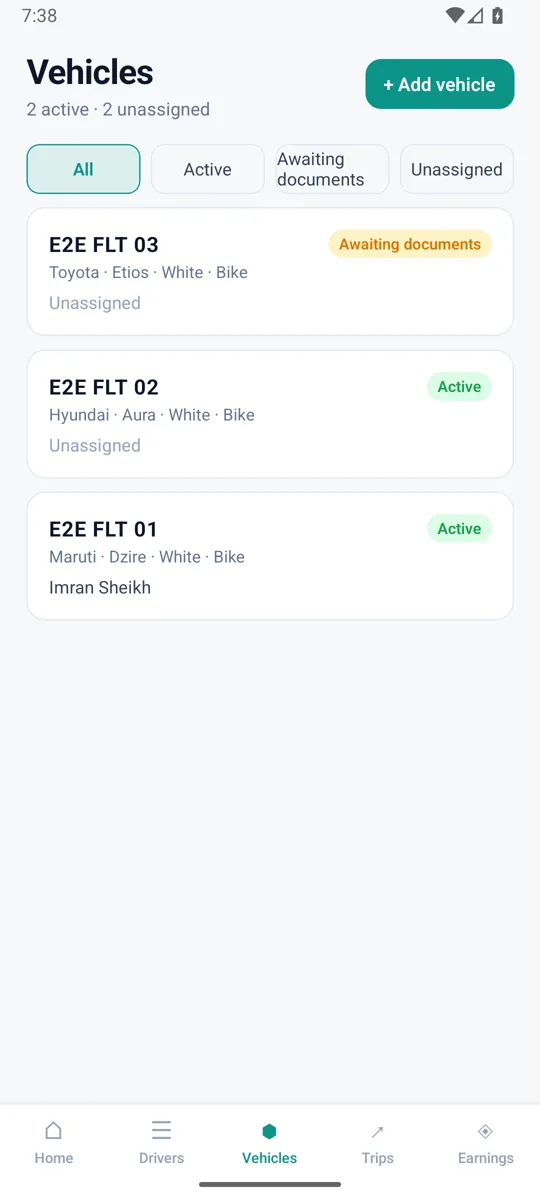 Fleet partner app: The fleet's cars