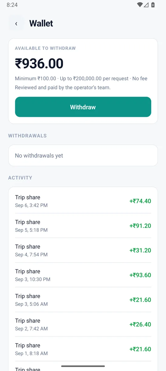 Fleet partner app: Wallet — withdraw the fleet's balance