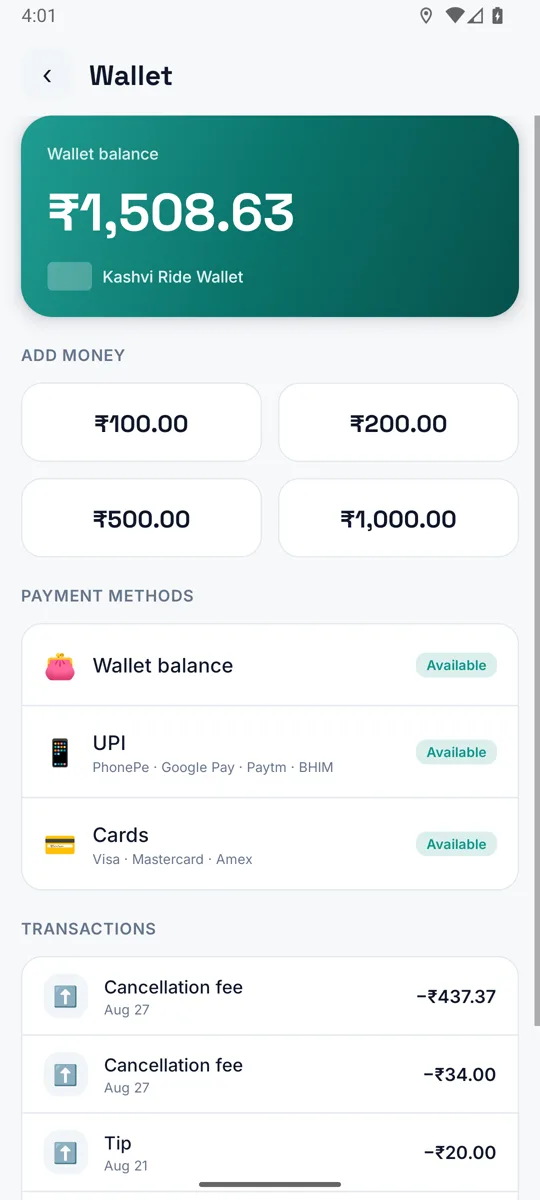 Rider app: Wallet with local top-up rails